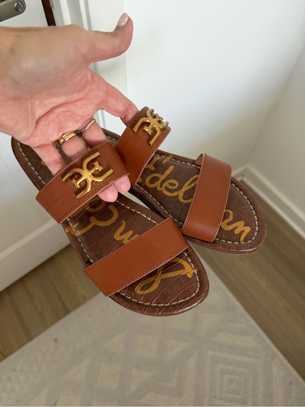 Sam Edelman Tan Brown Leather Double-Strap Slide Sandals with Gold Accent - Picture 2 of 3